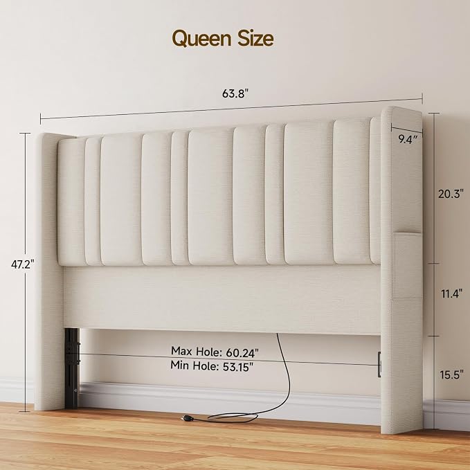 ONBRILL Queen Size Headboard with Storage, LED Light, Off White | Linen Vertical Wingback Headboard w/ Charging Station, Upholstered Head Board w/ High-Density Foam Padding, 2 Storage Pockets