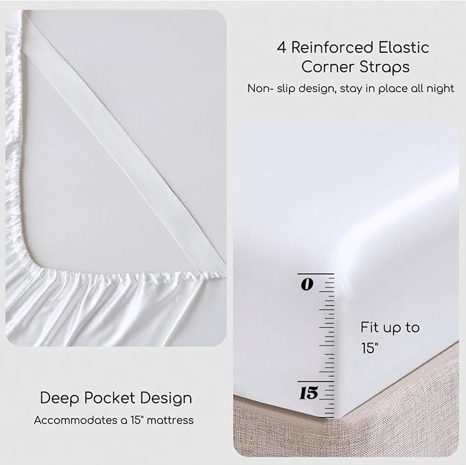 MR&HM Satin Sheets California King Size Sheet Set, White, 4 Pieces | Silky Bed Sheets with Elastic Corner Straps, 15" Deep Pocket, Similar to Silk, Gentle on Skin and Hair, Soft & Cooling