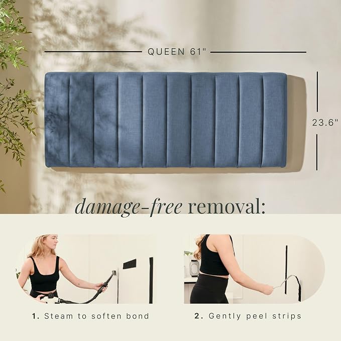 Hearth & Harbor Wall Mounted Queen Headboard Only, Bed Headboard Queen Size | Easy Assemble, Floating Peel and Stick, Upholstered, Channel Stitched, 3D Wall Panels, 5 Strips of 3M Tape Included, Blue