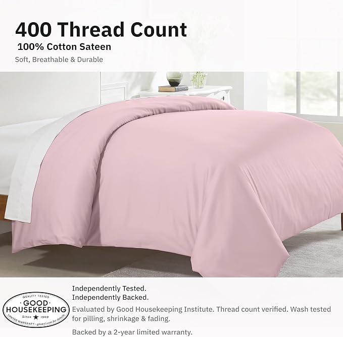 California Design Den Soft 100% Cotton Sateen King-Size Duvet Covers, Pink | Duvet Cover Only, Comforter Not Included, Backed by Good Housekeeping Seal, Button Closure & Corner Ties