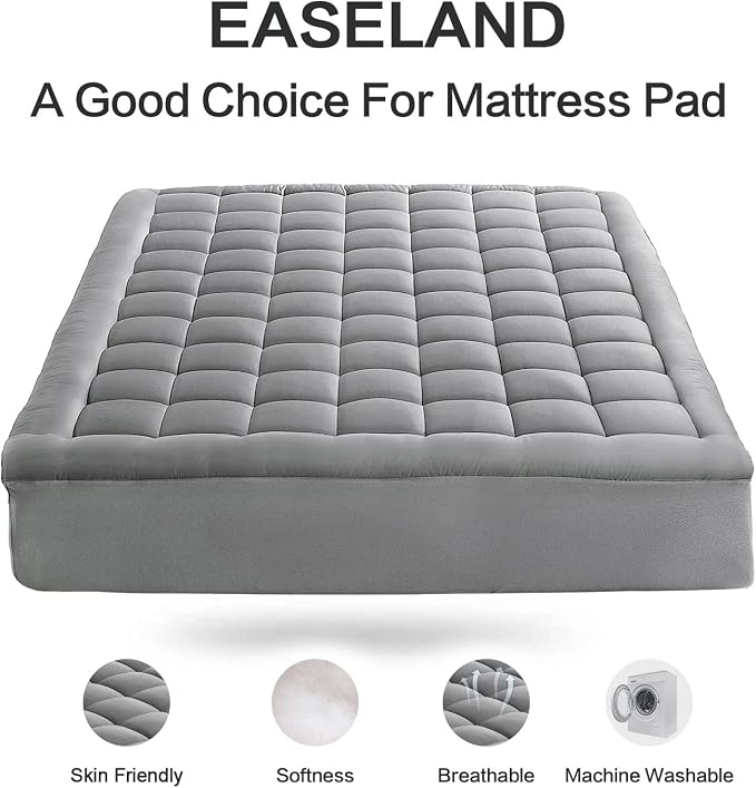EASELAND Queen Size Mattress Pad Pillow Top Mattress Topper Cotton Top | 8-21" Deep Pocket Cooling Mattress Cover/Protector 60x80 Inches Light Grey,Boxing Quilted & Machine Washable