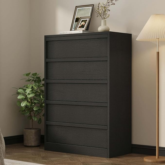 Garvee 5 Dresser for Bedroom, 43.3" Tall Dresser, Freestanding Horizontal Drawer with Storage, Wooden Closet Chest Storage for Living Room, Hallway, Entryway, Black