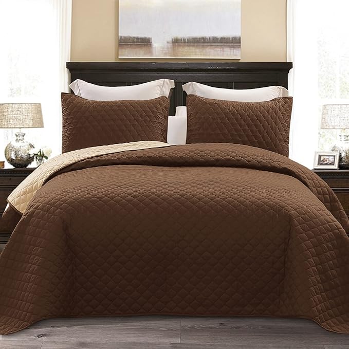 Exclusivo Mezcla Reversible King Size Quilt Bedding Set, Chocolate Brown | Lightweight Bedspreads with 2 Pillow Shams, Soft Microfiber, All Season Bed Coverlets for Bedroom Guest Room, 104x96 Inch