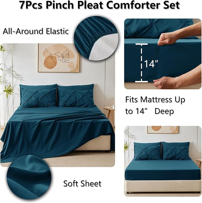 Queen Comforter Set Lyons Blue, 7 Pieces Pintuck Bed in a Bag | OEKO-TEX 100 Certified, 240GSM All Season, Bedroom, Guest Room, Down-Alternative Comforter, Sheets, Pillowcases & Shams