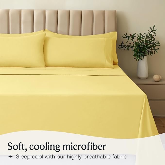 Split King Sheets for Adjustable Bed, Soft Deep Pocket Bed Sheets Set, 5PC | LuxClub Silky Fitted Sheet & Pillowcase Sets, Breathable Hotel Luxury Bedding for Mattress Wrinkle Free, Lemon