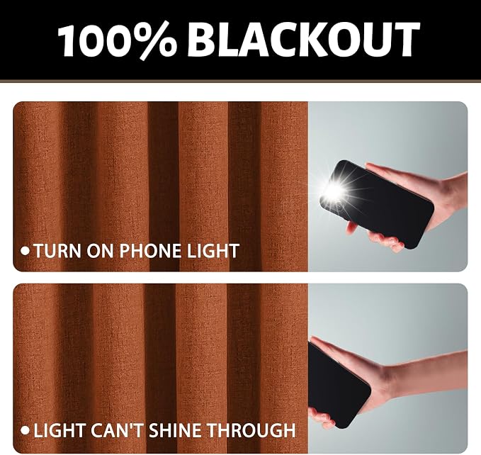Yakamok Burnt Orange Linen Curtains 63 Inches Long for Living Room | 100% Blackout Curtains,Room Darkening Curtains,Thermal Grommet Bedroom Curtain 2 Panels with Greyish White Liner,52W x 63L