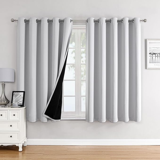 ChrisDowa 100% Blackout Curtains for Bedroom 63 Inches Long 2 Panels Set | 2 Thick Layers, Thermal Insulated, Light Blocking, Grommet, Window Treatment, Living Room Drapes, Greyish White, 60 x 63 Inch