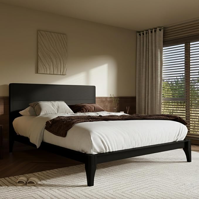 Merax Full Size Bamboo Platform Bed Frame with Tall Headboard, Black | Mid-Century Modern Solid Bedframe Full-Size, Wood Slat Support, No Box Spring Needed, Easy Assembly, Noise Free