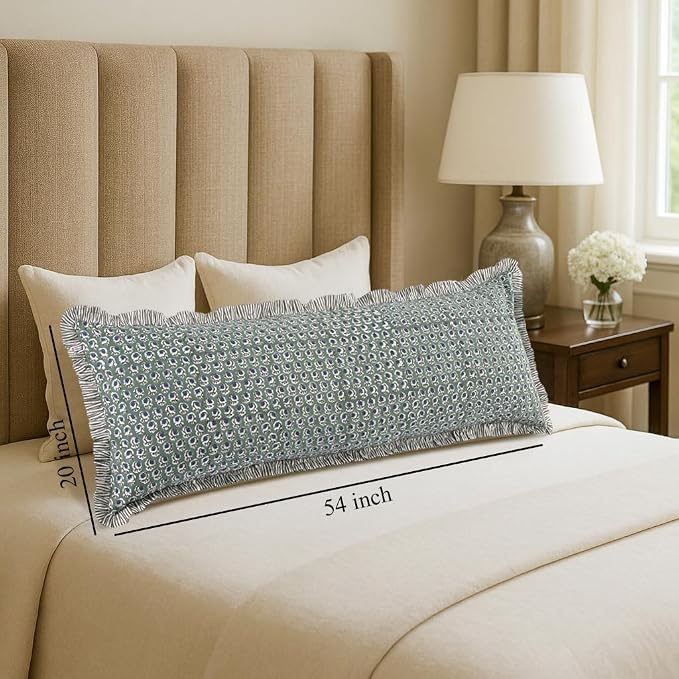 Ridhi Block Print Basil Green Ruffle Lumbar Pillow Shams, 54" x 20" | 100% cotton, Floral Pillowcase, Cushion Cover, Hidden Zipper, Cottagecore Bedding, farmhouse boho style, fits couch, sofa,Bed