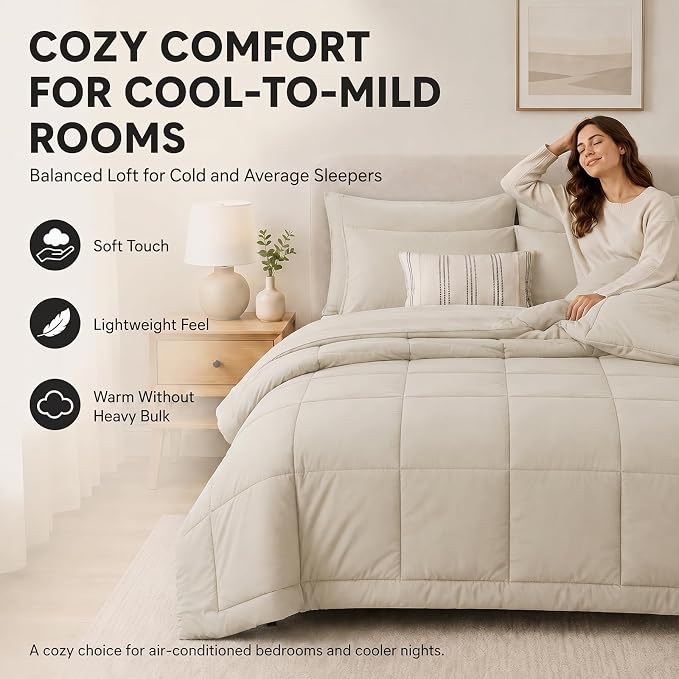 Queen Comforter Set Beige - 7 Pieces Bed in a Bag | OEKO-TEX Certified, All-Season, Bedroom, Guest Room, Down-Alternative Comforter + Flat & Fitted Sheets + 4 Pillowcases