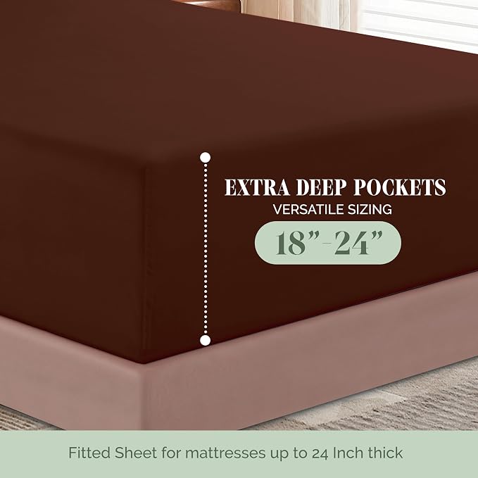 Elegant Comfort Luxurious 1500 Premium Hotel Quality Microfiber 4-Piece Sheet Set, 18-24 Inches Deep - Extra Deep Pocket Sheets - Ultra Soft 4PC Deep Pocket Sheets, California King, Chocolate Brown