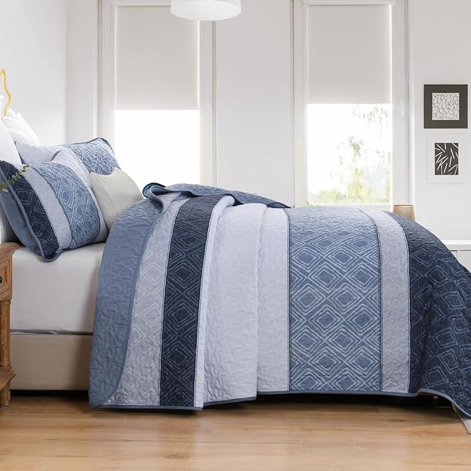 Cottolester Full Size Quilt,3 Pcs Mineral Blue Striped Plaid Bedspread | Boho Summer Bedding Set，Soft Lightweight Coverlets Set for Men Women,Microfiber Quilt Bedding Sets for All Seasons 78"x90"