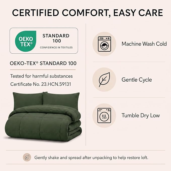 Full Size Comforter Sets Olive Green - 7 Pieces Bed in a Bag | OEKO-TEX Certified, All-Season, Bedroom, Guest Room, Down-Alternative Comforter + Flat & Fitted Sheets + 4 Pillowcases