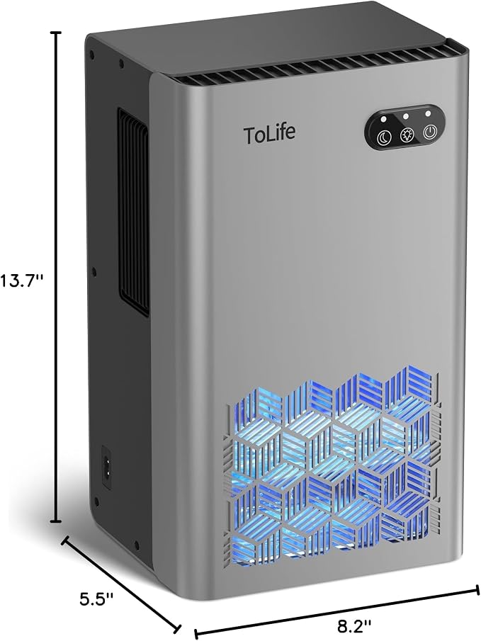ToLife Dehumidifier, 1000 Sq Ft 95 oz Tank with Sleep Mode, Auto Shutoff | Portable for Home, Bedroom, Bathroom and Basement with 7-Color LED Light, Silver