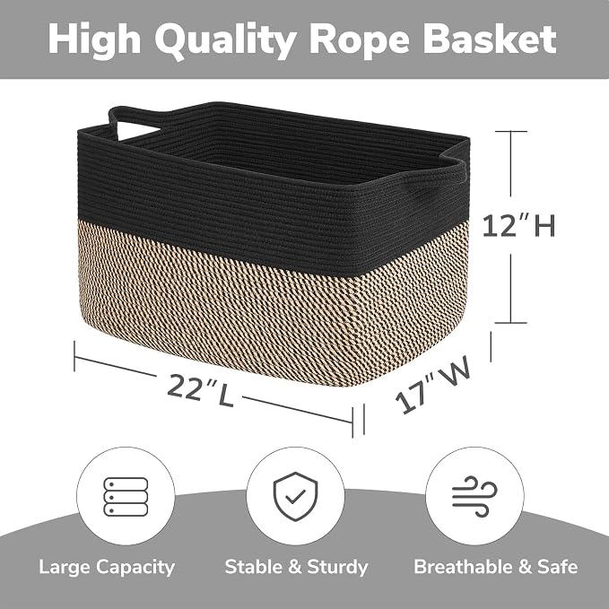 Goodpick 75L Extra Large Woven Blanket Basket, 22" x 17" x 12", Black Jute | Decorative Storage Basket for Blankets, Pillows & Toys, Living Room & Bedroom Organization, Nursery & Home Decor, Rectangle