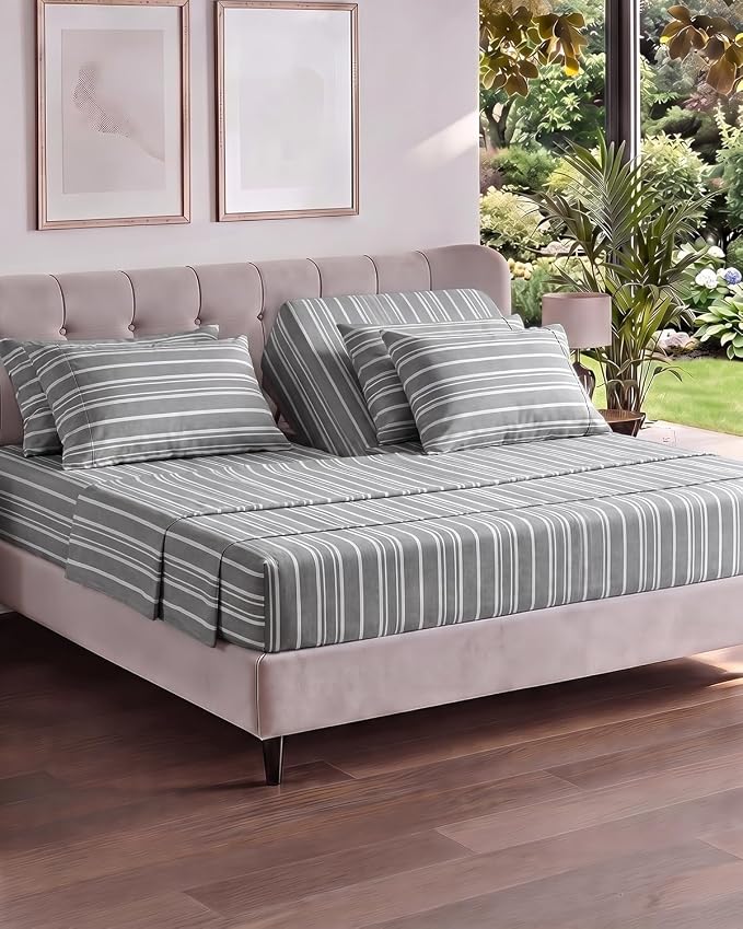 Flex Top Split Head King 6 Piece Sheet Set - Soft & Cooling - Grey Stripes | Ultra Soft Hotel Luxury Bedding Set w/ 8-16 Inch Deep Pockets, 1 Flat & 1 Split-Head Fitted Sheet & 4 Pillowcases, Fade Free