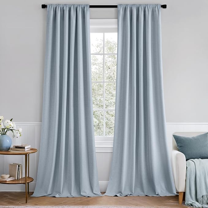 MIULEE 100% Blackout Back Tab Pleat Linen Curtains 50" Wx72 L,Chambray Blue | 2 Panels,Thick Faux Linen,Floor to Ceiling,with Hooks,for Bedroom Living Room,Black Out,Room Darkening