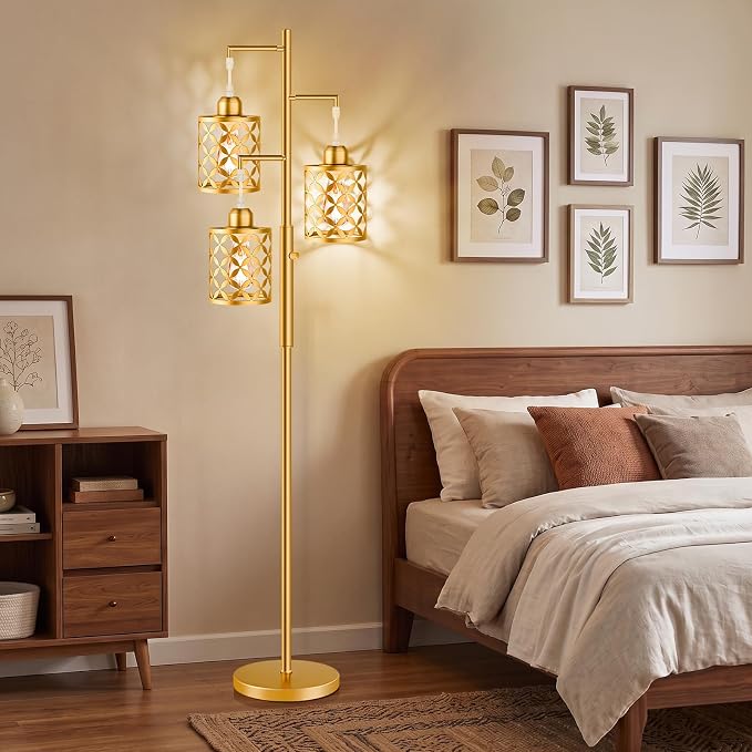 72" Modern Tree Floor Lamp, Dimmable Industrial Tall Standing Lamp with Metal Cages & Rotary Dimmer Knob, Corner Decor Lighting for Living Room Bedroom Cafe, 3 x 800LM Bulbs Included - Gold