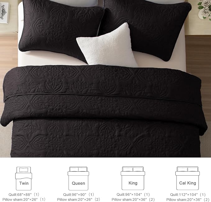 Whale Flotilla Cal King Quilt Set Vintage Damask Reversible Bedspread | Suitable for Bed, 3 Pieces Black Lightweight Breathable Oversized Quilts, Ultrasonic Coverlet Bed Cover with 2 Pillow Shams