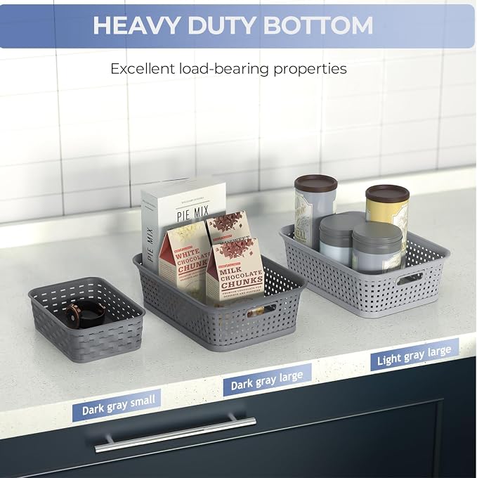 3 Pack Small Plastic Basket, Storage Bin Baskets for Organizing, Pantry Organizer Household Wicker Storage for Laundry Room, Bedrooms, Kitchens, Cabinets, Countertops, Dark Gray | Pantry Organizer, Household, Wicker Storage, for Laundry Room, Bedrooms,...