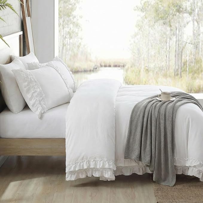 Bedorm White Ruffle Duvet Cover Twin Shabby Chic Bedding Set Pleat Ruffled Farmhouse Pure White Comforter Cover Extra Soft & Easy Care Boho Duvet Cover Set