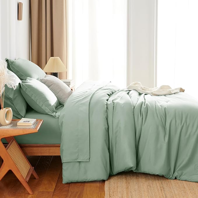 HIMEET Queen Comforter Set, 7-Piece Point-Quilted Bed in a Bag Sage Green | OEKO-TEX Certified, Lightweight 240 GSM Comforter, Flat Sheet, 14-Inch Deep-Pocket Fitted Sheet, Pillowcases & Shams