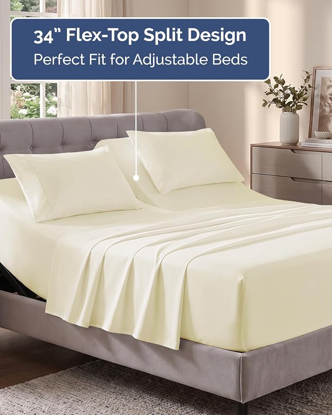 Flex Top Split Head King Sheet Set - 4 Piece Extra Deep Sheets - Off White | Easily Fits 18 to 24 inch Mattress, Ultra Soft, Wrinkle & Fade Free with Extra Deep Pockets, Comfy Hotel Luxury Bedding