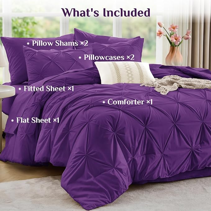 JOLLYVOGUE King Size Comforter Set 7 Pieces - Bed in a Bag King for All Season, Pintuck Bedding Comforter Sets with Comforter, Flat Sheet, Fitted Sheet and Pillowcases & Shams, Purple