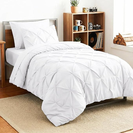 HIMEET Twin Comforter Set White - 5 Pieces Pintuck Bed in a Bag | OEKO-TEX Certified, 240GSM Down Alternative Comforter, 14" Deep Pocket Fitted Sheet + Flat Sheet + 1 Pillowcase + 1 Sham