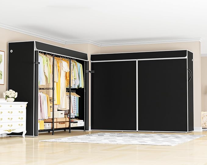 ULIFHOME E14C Pro Heavy Duty Closet Organizer System，Freestanding Clothing Racks for Hanging Clothes，Adjustable Garment Rack 69" W × 16" D × 77" H Hold 960 lbs，Black Rack with Black Dustproof Cover