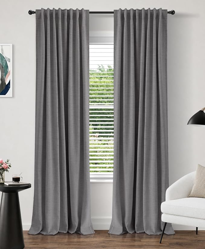 INOVADAY 100% Blackout Linen Curtains for Bedroom 50x90 Inches Dark Grey | Linen Textured, Light Blocking, Room Darkening, Thermal Insulated, Back Tab Top, Window Curtains for Living Room, 2 Panels