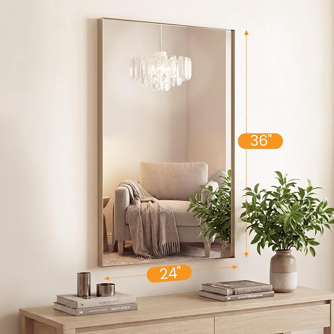 Sweetcrispy Bathroom Mirrors, Vanity Mirror, Wall Mount, 24x36 Inch | Tempered Glass, Anti-Rust Metal Frame, Over Sink Home Decor, Modern Rectangle Style, Gold