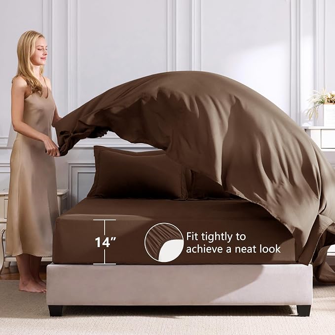 Super King Plus Comforter Set Brown - 7 Pieces Bed in a Bag | OEKO-TEX Certified, All Season, 240GSM Down-Alternative Comforter, Sheets, Pillowcases & Shams, 14" Deep Pocket, Easy Care