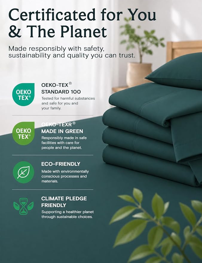 LuxClub King Size Sheets Set, Deep Pocket King Sheets Bed Sheets 4PC, Cooling Sheets King Size Breathable, Soft Hotel Luxury Bedding Wrinkle Free, Silky Fitted Sheet & Pillowcase Sets, Emerald Green | LuxClub Silky Fitted Sheet & Pillowcase Sets, Breat...