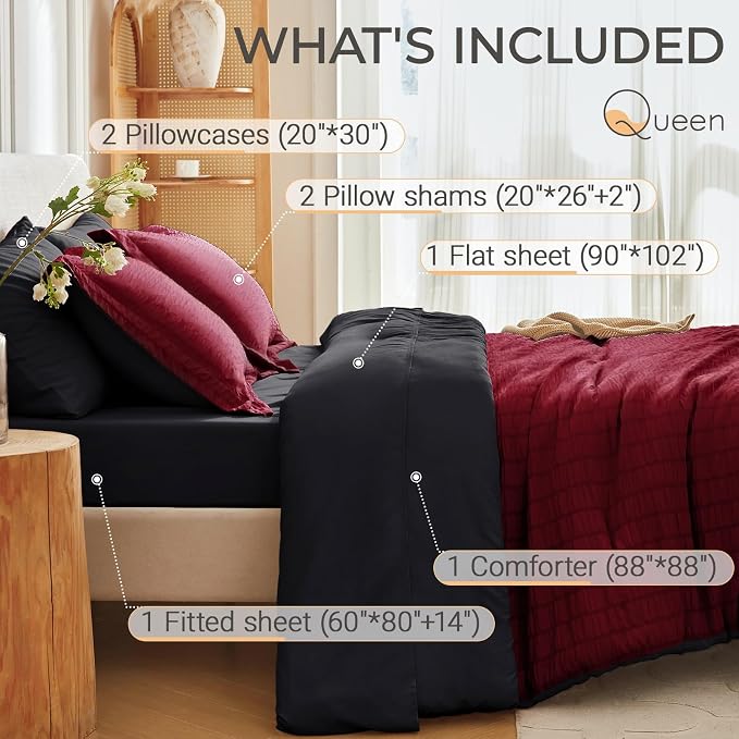 7 Pieces Queen Comforter Set, Seersucker Bed in a Bag Queen Size, All Season Luxury Bedding Set with Comforter, Flat Sheet, Fitted Sheet, Pillowcases & Shams, Red & Black