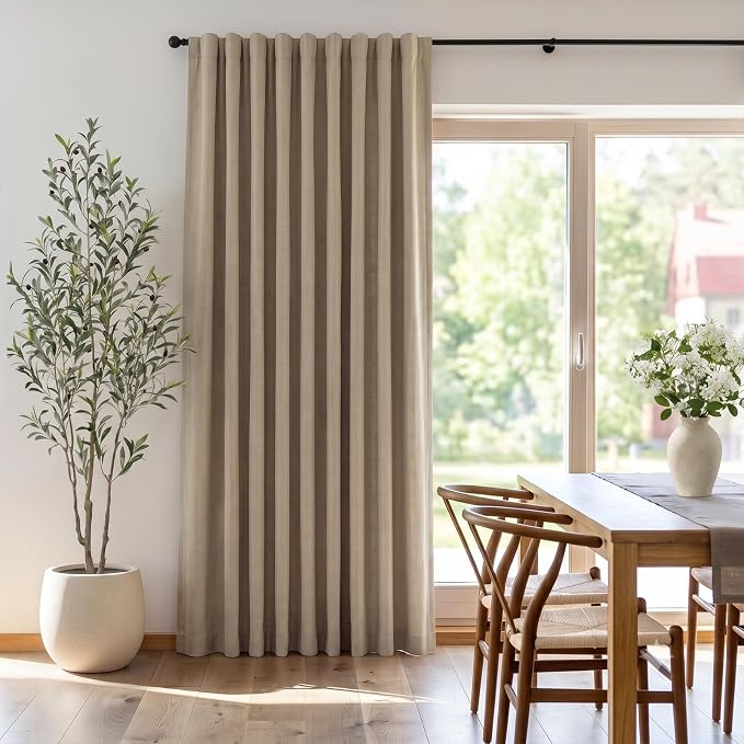 INOVADAY Extra Wide 100% Blackout Linen Curtains 102x84 Burlywood Birch | Linen Textured, Light Blocking, Room Darkening, Thermal Insulated, Back Tab Top, Window Curtains for Sliding Door, 1 Panel