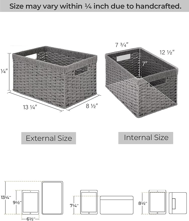 StorageWorks Wicker Storage Baskets, Gray Baskets for Storage, 2-Pack | Paper Rope Wicker Storage Baskets for Shelves, Rectangular Wicker Baskets with Handles, Handwoven Grey Baskets, Woven Baskets