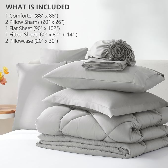 Queen Comforter Set with Sheets Light Grey - 7 Pieces Bed in a Bag | OEKO-TEX Certified, All Season, 240GSM Down-Alternative Comforter, Sheets, Pillowcases & Shams, 14" Deep Pocket, Easy Care