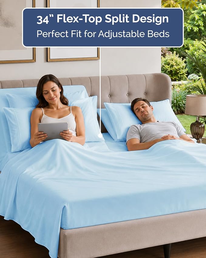 Flex Top Split Head King 6 Piece Sheet Set - Soft & Cooling - Light Blue | Ultra Soft Hotel Luxury Bedding Set w/ 8-16 Inch Deep Pockets, 1 Flat & 1 Split-Head Fitted Sheet & 4 Pillowcases, Fade Free