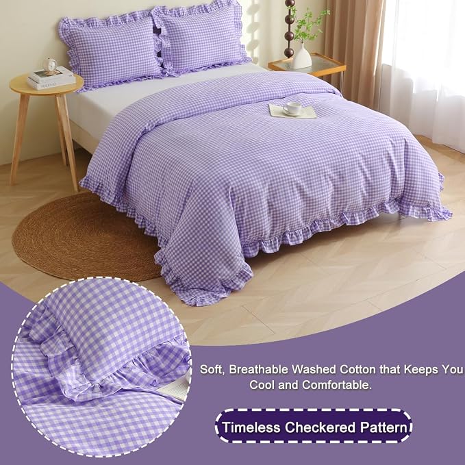 Silnuo Purple/White Gingham Ruffle 3-Piece Duvet Cover Set Queen Size | 100% Washed Cotton Shabby Checkered Plaid Bedding Set Farmhouse Comforter Set(Queen,Purple/White)