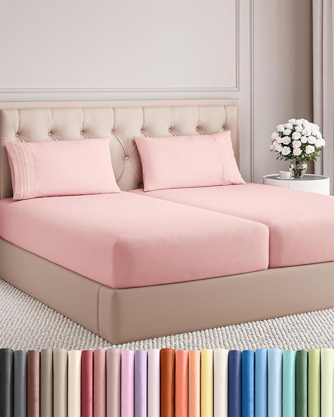 Split King Size 5 Piece Sheet Set - Breathable & Cooling Sheets - Baby Pink | Hotel Luxury Bed Sheets for Women & Men, Deep Pockets, Easy-Fit, Comfy, Soft and Wrinkle Free Sheets, Oeko-Tex Bed Sheet Set