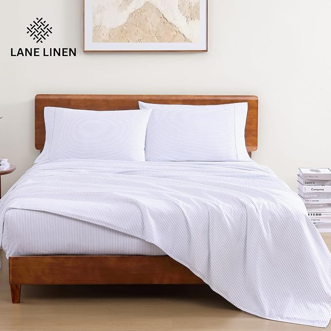 LANE LINEN Twin Sheet Set 100% Organic Cotton Cooling Soft - Ticking Stripe | 100% Organic Cotton Percale Twin Sheet Set - Affordable Organic Luxury, Honest-Price Organic Quality, For Hot Sleepers