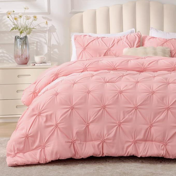 BEDELITE King Comforter Set Pink,Lightweight & Soft Comforter | Pintuck Boho Bedding, Warm & Cute Bed Set for All Season,With 2 Pillowcases