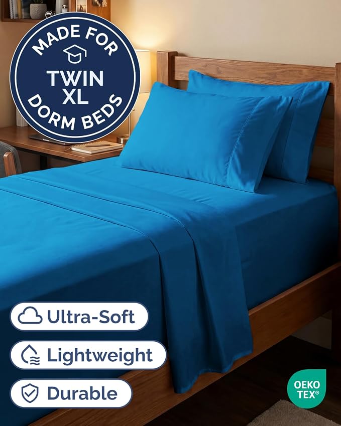 Extra Deep Twin XL Sheet Set - 4 Piece College Dorm Room - Royal Blue | College Dorm Room Essentials, Easy & Secure Fit, Ultra-Soft, Wrinkle & Fade Free, Comfy Sheets Set with Extra Deep Pockets