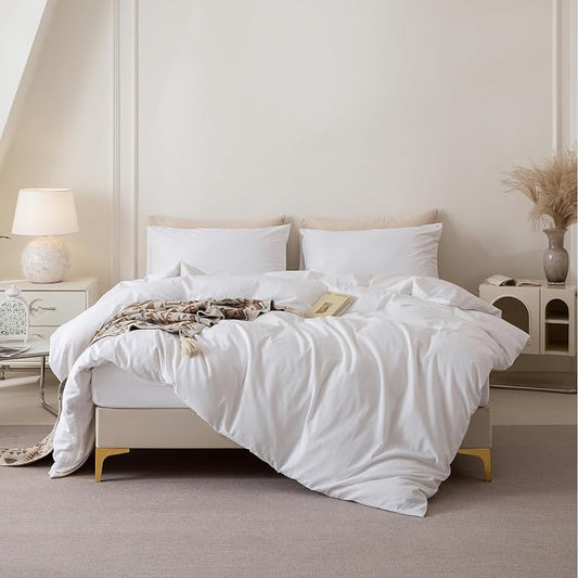 BDEAR 3Pcs Bright White Duvet Cover Set Queen Size 90" L x 90" W,Oeko TEX | 100% Washed Cotton, 1 Duvet Cover with 2 Pillowcases, Zipper Closure, 8 Corner Ties,Linen-Liked Texture, Skin Friendly
