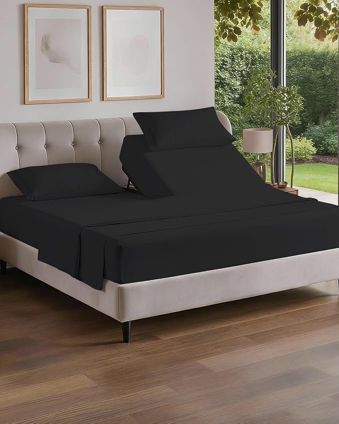 Flex Top Split Head King 4 Piece Sheet Set - Ultra-Soft, Breathable - Black | Cooling Bed Sheets Set, Hotel Luxury Bedding for Women & Men with Deep Pockets, Wrinkle Free & Fade Resistant, Oeko-Tex