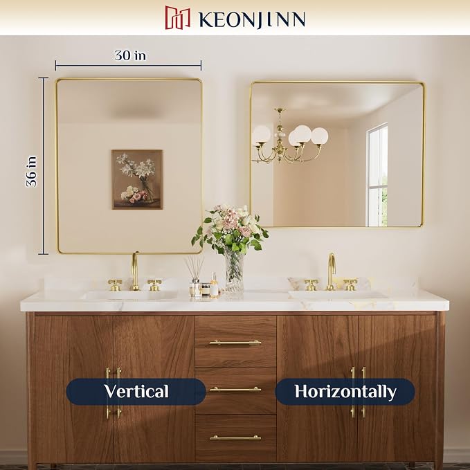 Keonjinn 30 x 36 Inch Brushed Gold Bathroom Vanity Mirror, Aluminum Frame | HD Tempered Glass, Brass Bathroom Mirrors for over Sink, Anti-Rust Aluminum Frame, Rounded Rectangle, French Cleat Mount