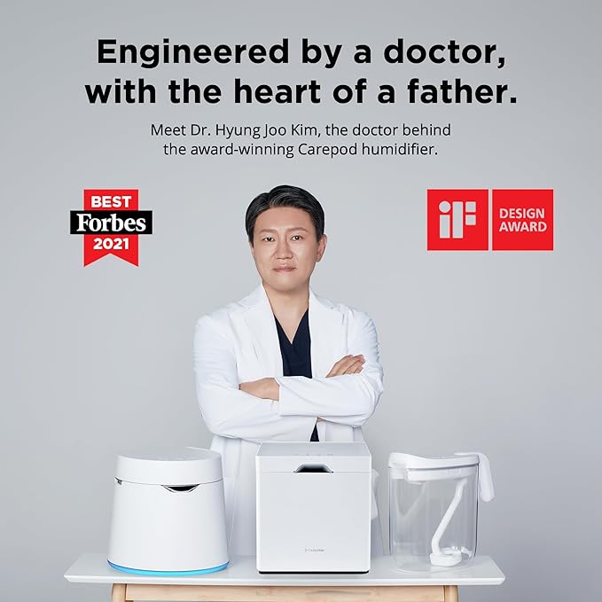 Carepod One Plus Stainless Steel Humidifier for Large Room with Mood Light, Quiet & Safe for Baby, Only 3 Washable Parts, Easy to Clean Ultrasonic Cool Mist Humidifiers for Bedroom for 30Hrs (1Gal/4L)