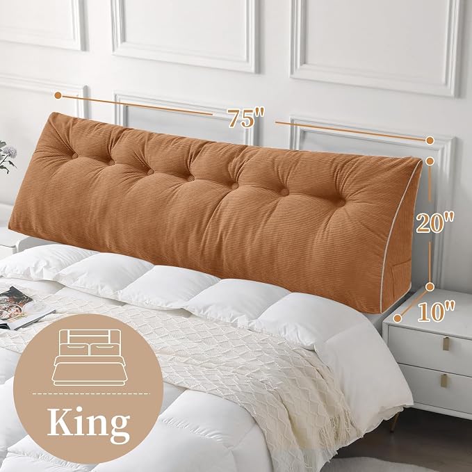 Sasttie Headboard Pillow King, Wedge Pillow Headboard, Caramel | Triangle Backrest Cushion for Sitting or Reading in Bed, Dorm Essentials, OEKO-TEX, Down Alternative Fill, Side Pockets