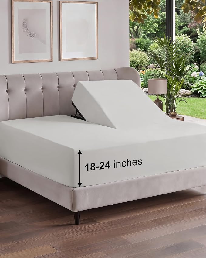 Extra Deep Flex Top Split Head King Fitted Sheet - Hotel Luxury Single Fitted Sheet Only - Easily Fits 18 inch to 24 inch Mattress - Ultra Soft, Wrinkle Free w/Extra Deep Pockets - French Grey